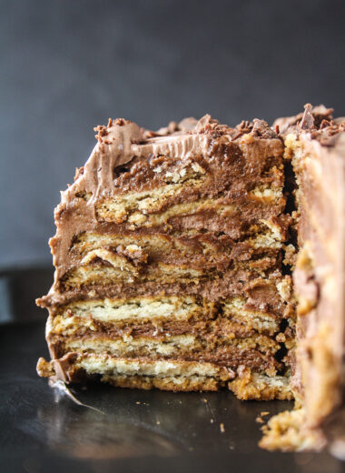 A decadent icebox cake with coffee-soaked glucose biscuits and silky chocolate frosting!