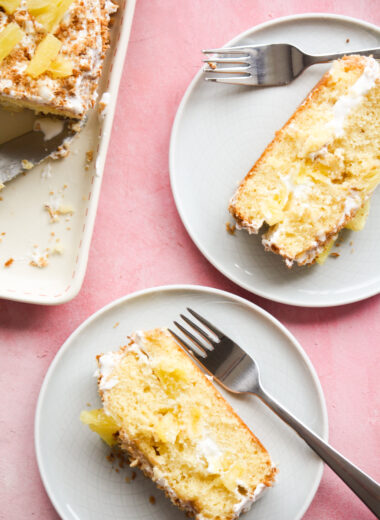 Small-batch buttery layer cake with pineapple, fresh whipped cream and toasted coconut!