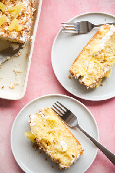 Small-batch buttery layer cake with pineapple, fresh whipped cream and toasted coconut!