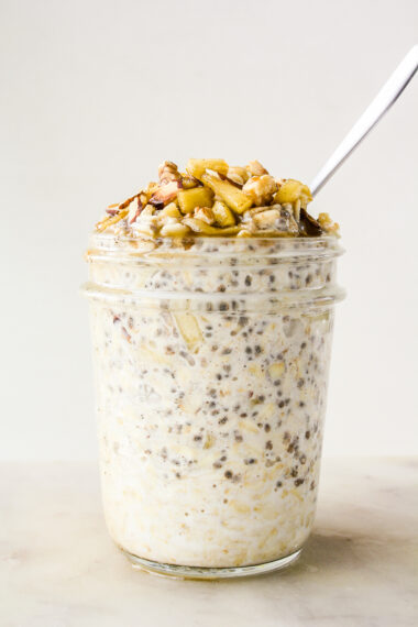 Creamy overnight oats with caramelised apples and toasted almonds and walnuts!