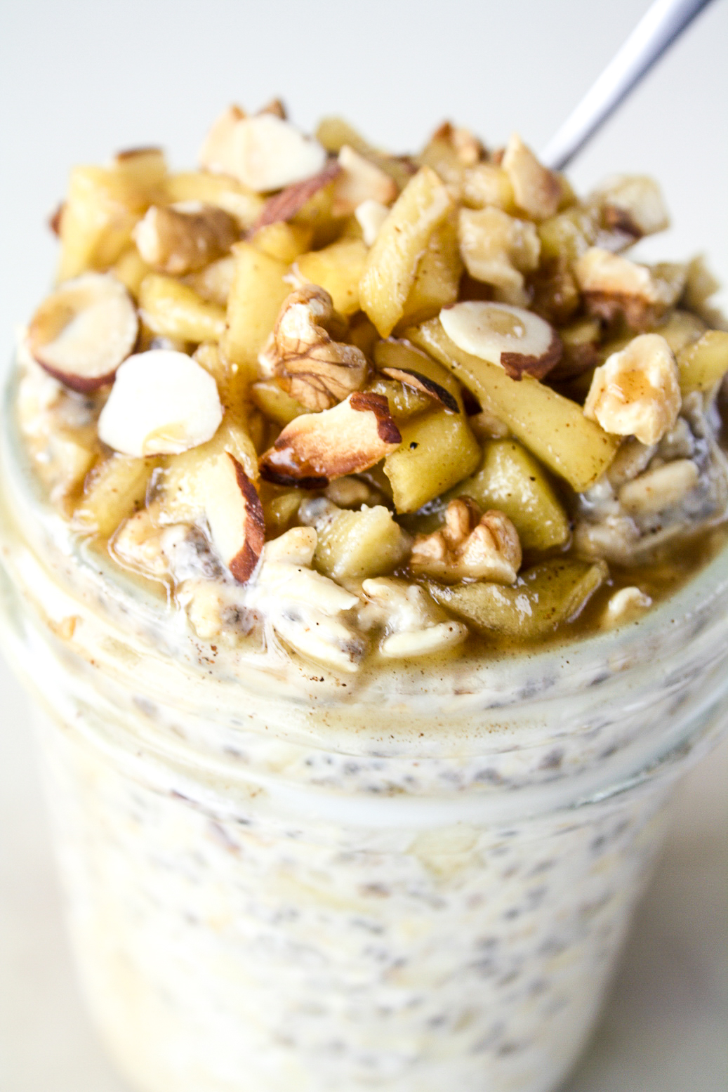Creamy overnight oats with caramelised apples and toasted almonds and walnuts!