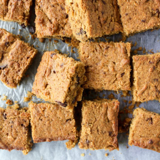 Chewy brown sugar blondies with coconut and dark chocolate!