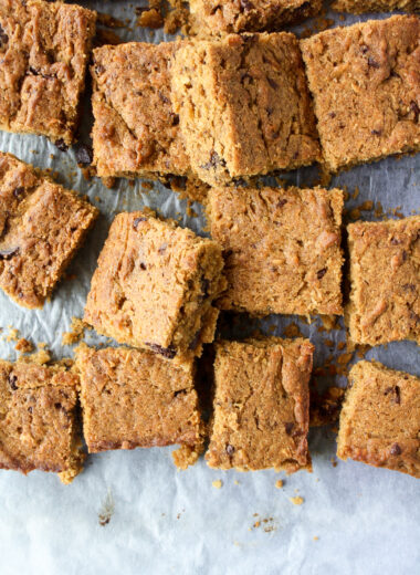 Chewy brown sugar blondies with coconut and dark chocolate!