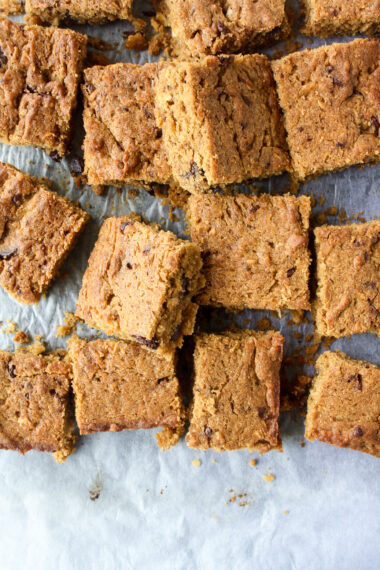 Chewy brown sugar blondies with coconut and dark chocolate!