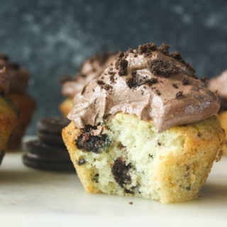 Soft, buttery cupcakes with bits of Oreos, and a creamy dark chocolate frosting!