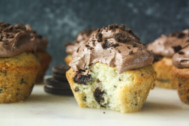 Soft, buttery cupcakes with bits of Oreos, and a creamy dark chocolate frosting!