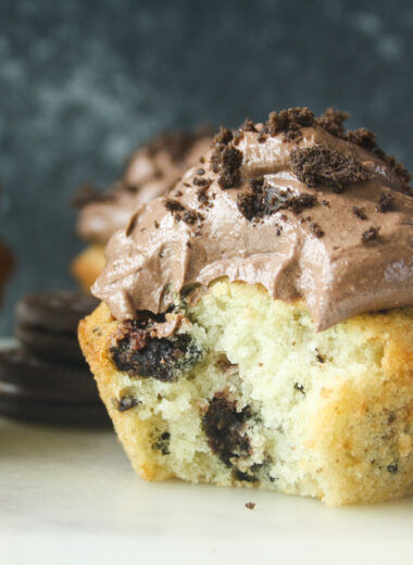 Soft, buttery cupcakes with bits of Oreos, and a creamy dark chocolate frosting!