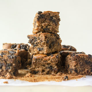 Moist, naturally sweetened almond butter blondies with chocolate chunks!