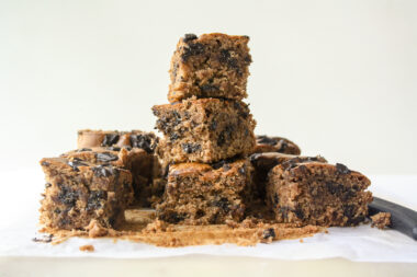 Moist, naturally sweetened almond butter blondies with chocolate chunks!