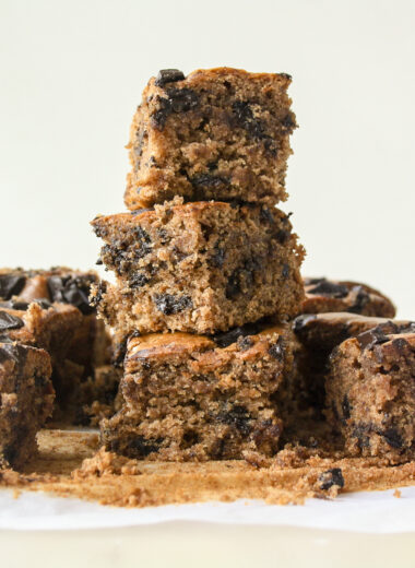 Moist, naturally sweetened almond butter blondies with chocolate chunks!