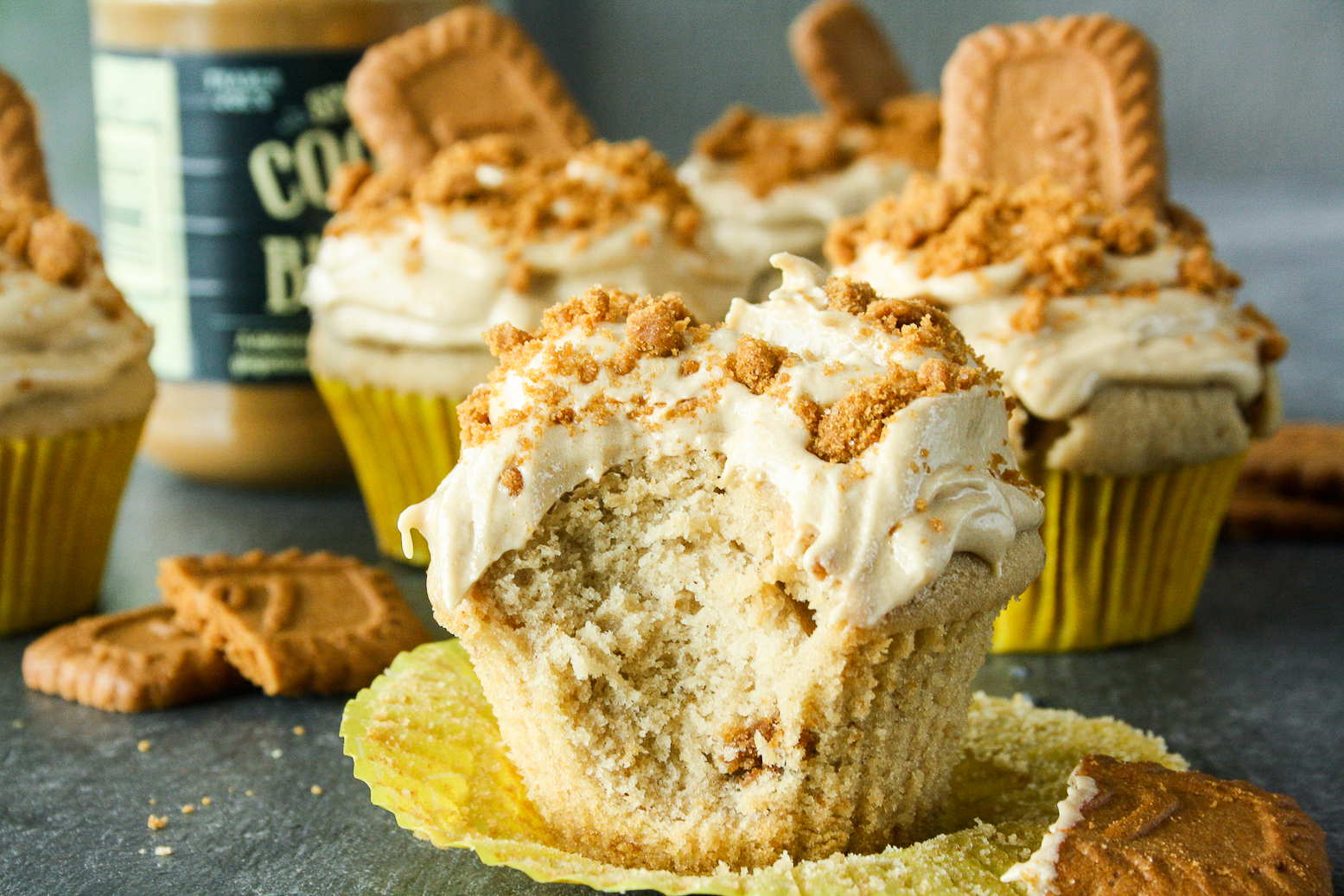 Cookie butter cupcakes with cream cheese cookie butter frosting!