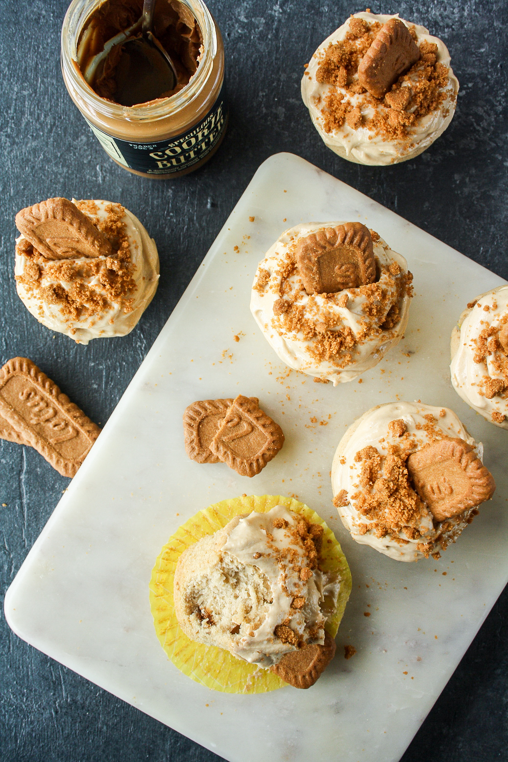 Cookie butter cupcakes with cream cheese cookie butter frosting!
