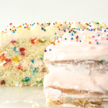 Buttery layer cake with sprinkles and pink frosting!