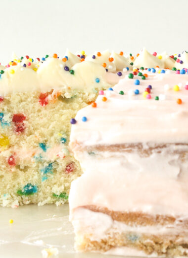 Buttery layer cake with sprinkles and pink frosting!