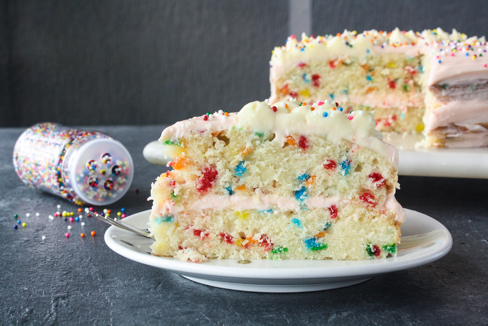 Buttery layer cake with sprinkles and pink frosting! 
