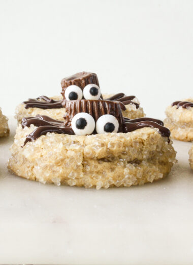 Delicious peanut butter cookies with spider decorations!