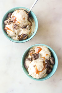 Rich, creamy no churn ice cream with peanut butter and salted caramel