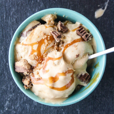 Rich, creamy no churn ice cream with peanut butter and salted caramel