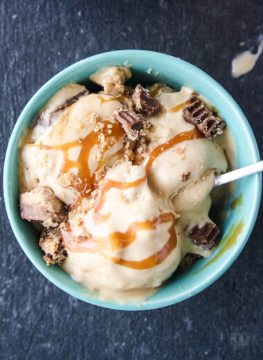 Rich, creamy no churn ice cream with peanut butter and salted caramel