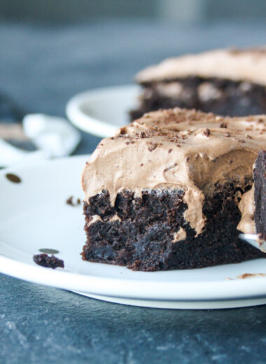 Moist, eggless chocolate and olive oil cake with a silky whipped ganache frosting