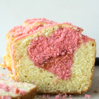 A glazed lemony loaf cake with a Valentine's surprise heart inside!