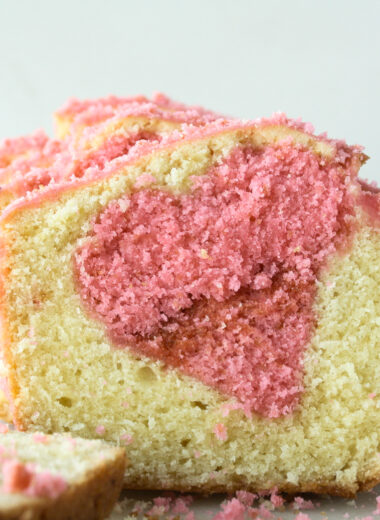 A glazed lemony loaf cake with a Valentine's surprise heart inside!