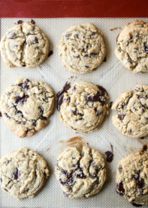 Crispy edged, chewy centered chocolate chip cookies with the flavours of whiskey and rye flour