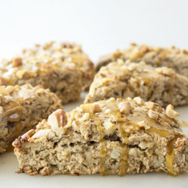 Tender wholewheat banana walnut scones, with a sticky honey butter glaze. No refined sugar!