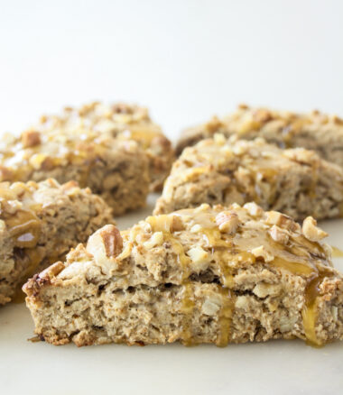 Tender wholewheat banana walnut scones, with a sticky honey butter glaze. No refined sugar!