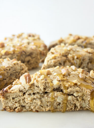 Tender wholewheat banana walnut scones, with a sticky honey butter glaze. No refined sugar!