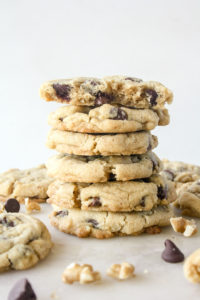 Chewy chocolate chip cookies with browned butter and walnuts