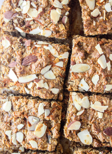 Soft and chewy, naturally sweetened snack bars with almonds, oats and carrots