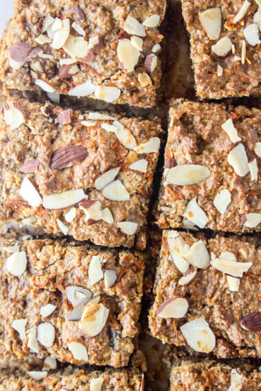 Soft and chewy, naturally sweetened snack bars with almonds, oats and carrots