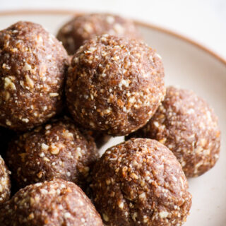 Chewy, fudgy, vegan and GF energy bites with almonds, pecans and dates