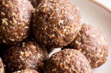 Chewy, fudgy, vegan and GF energy bites with almonds, pecans and dates