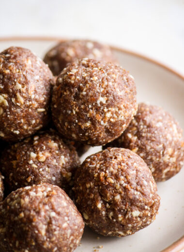 Chewy, fudgy, vegan and GF energy bites with almonds, pecans and dates