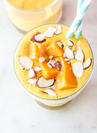 Refreshing breakfast smoothie with yoghurt and fresh mango