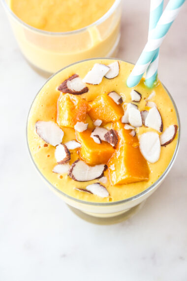 Refreshing breakfast smoothie with yoghurt and fresh mango