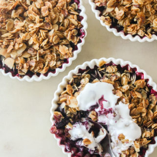 Naturally sweetened blueberry crisp with an oat and honey topping. Vegan and gluten-free.