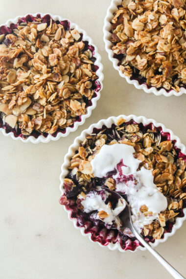 Naturally sweetened blueberry crisp with an oat and honey topping. Vegan and gluten-free.