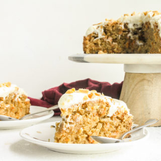 Moist carrot cake with candied ginger and cream cheese frosting