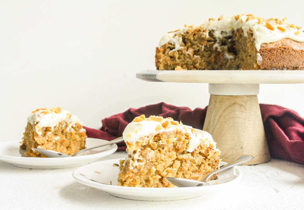 Moist carrot cake with candied ginger and cream cheese frosting