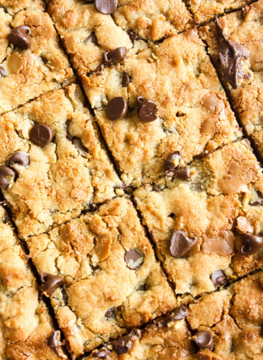 Chewy and buttery peanut butter cookie bars with melty chocolate chips!