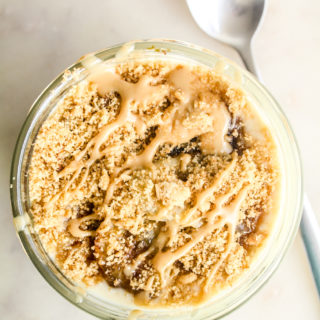 Eggless peanut butter custard with caramelised bananas, layered with biscuit crumbs