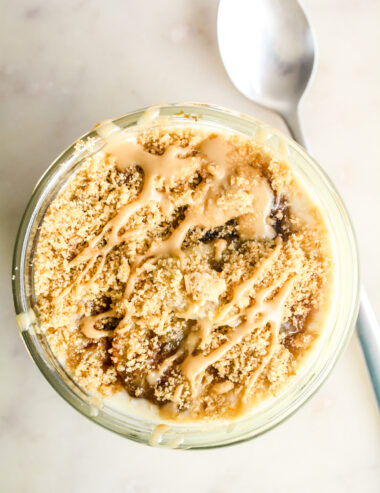 Eggless peanut butter custard with caramelised bananas, layered with biscuit crumbs