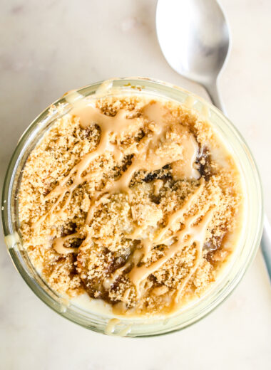 Eggless peanut butter custard with caramelised bananas, layered with biscuit crumbs