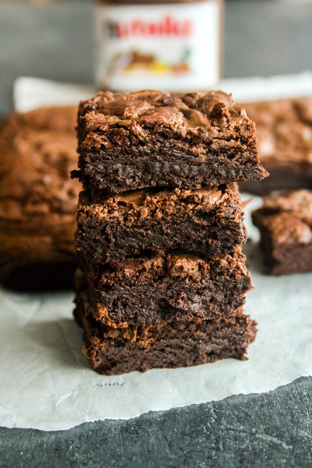 Moist, fudgy chocolate brownies with Nutella in the batter and swirled on top