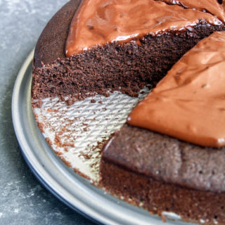 Rich and fudgy chocolate cake with red wine in the batter and ganache