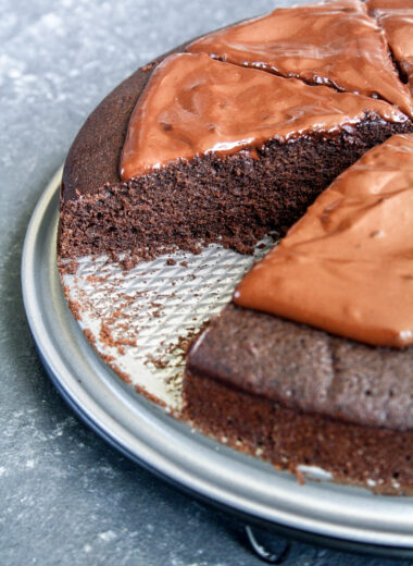 Rich and fudgy chocolate cake with red wine in the batter and ganache