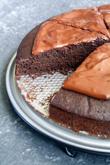Rich and fudgy chocolate cake with red wine in the batter and ganache